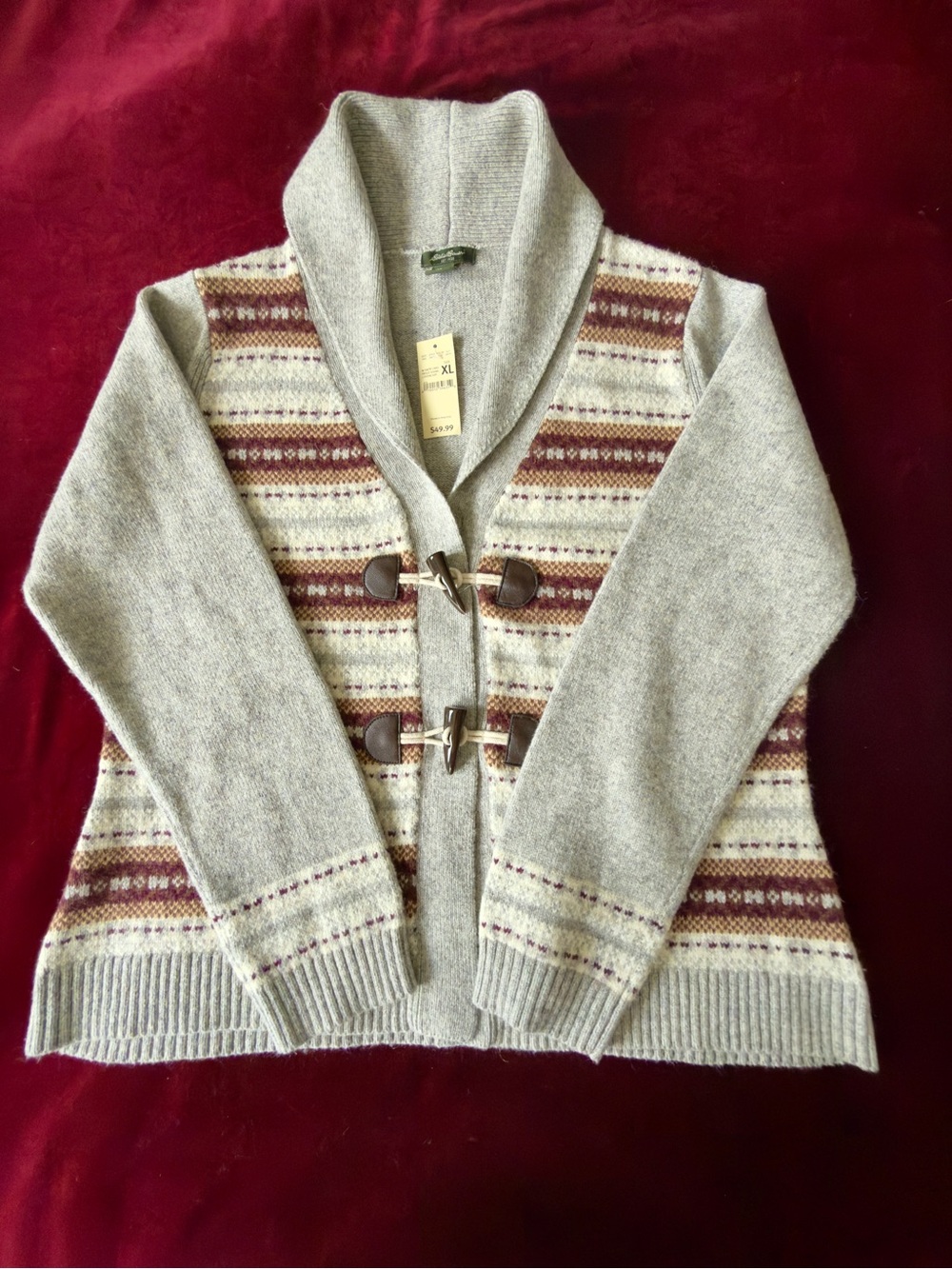 Eddie Bauer Gray Shawl Collar Toggle Cardigan with Burgundy Pattern XL
